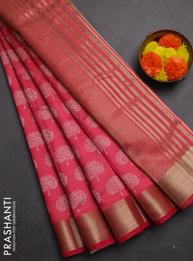 Semi raw silk saree pink shade with allover butta prints and zari woven border