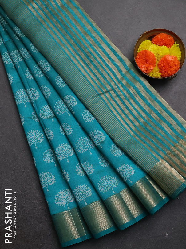 Semi raw silk saree teal green with allover butta prints and zari woven border