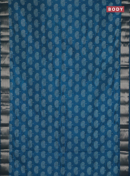 Semi raw silk saree teal blue with allover butta prints and zari woven border