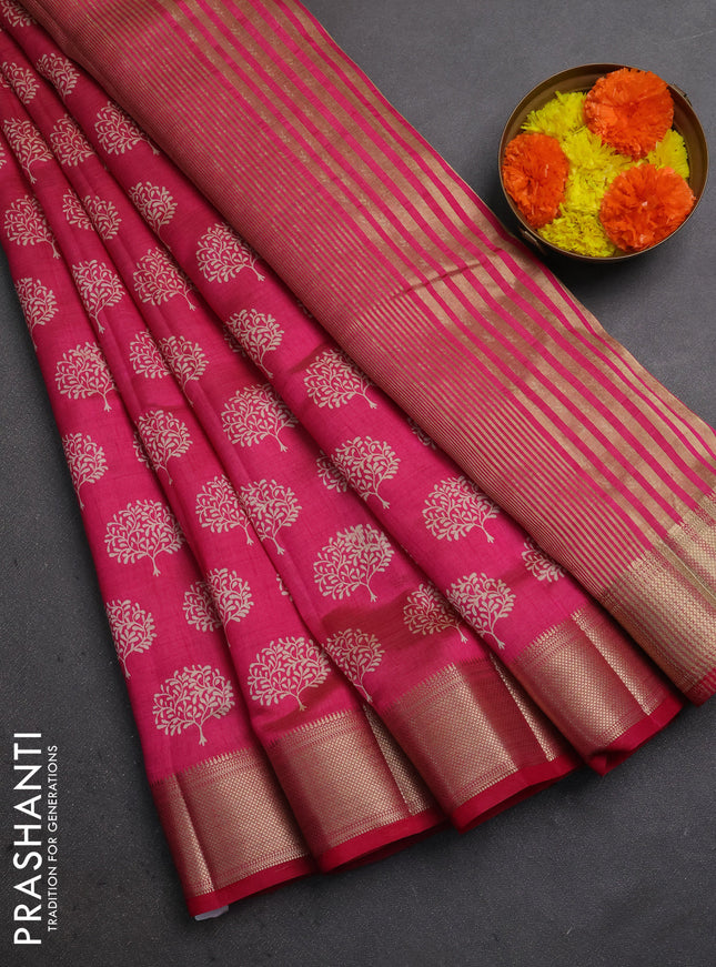 Semi raw silk saree pink with allover butta prints and zari woven border