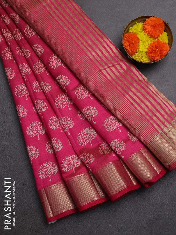 Semi raw silk saree pink with allover butta prints and zari woven border