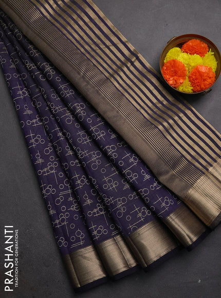 Semi raw silk saree navy blue with allover geometric prints and zari woven border