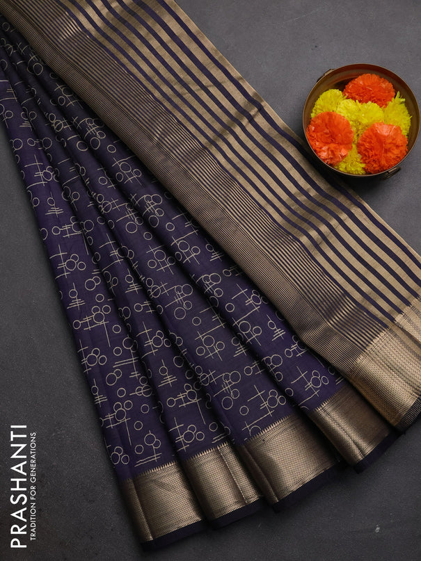 Semi raw silk saree navy blue with allover geometric prints and zari woven border