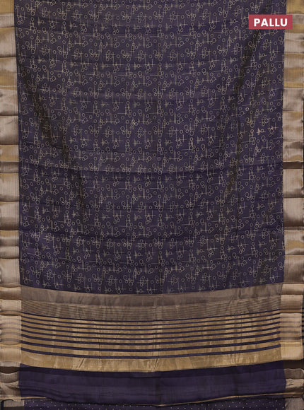 Semi raw silk saree navy blue with allover geometric prints and zari woven border