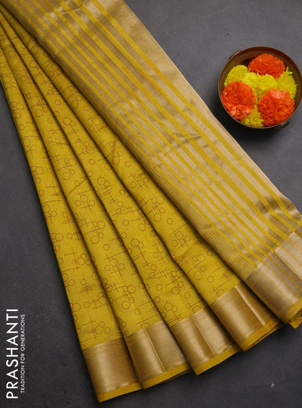 Semi raw silk saree mustard yellow with allover geometric prints and zari woven border