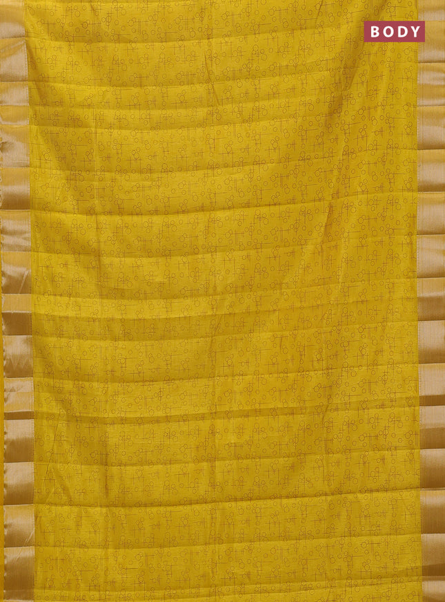 Semi raw silk saree mustard yellow with allover geometric prints and zari woven border