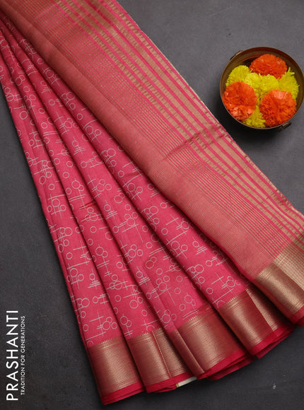 Semi raw silk saree pink shade with allover geometric prints and zari woven border