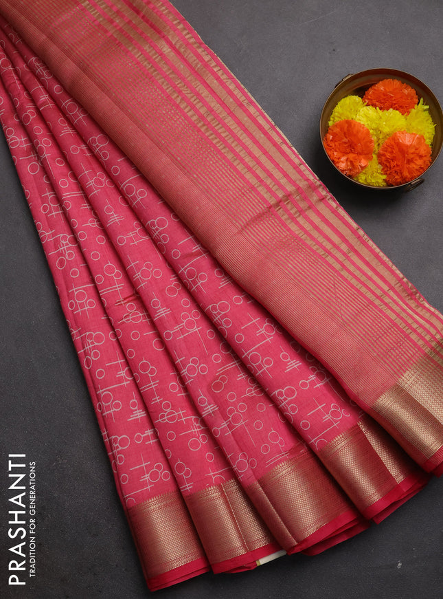 Semi raw silk saree pink shade with allover geometric prints and zari woven border