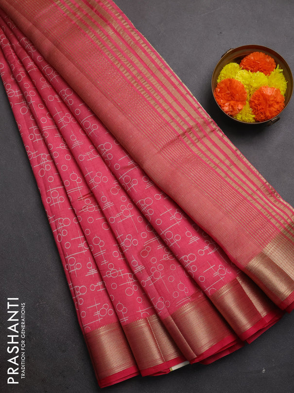 Semi raw silk saree pink shade with allover geometric prints and zari woven border