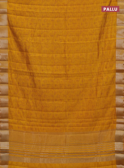 Semi raw silk saree dark mustard with allover geometric prints and zari woven border