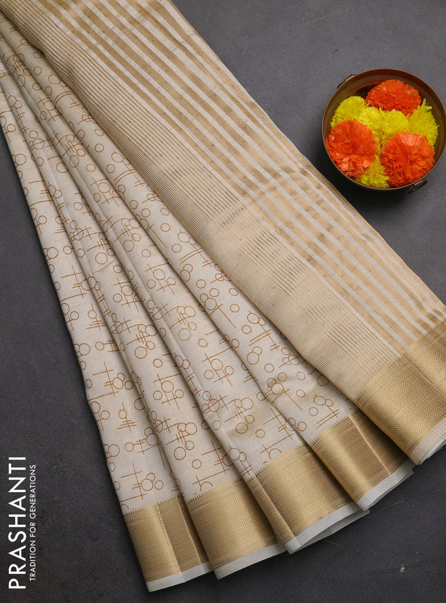 Semi raw silk saree cream with allover geometric prints and zari woven border