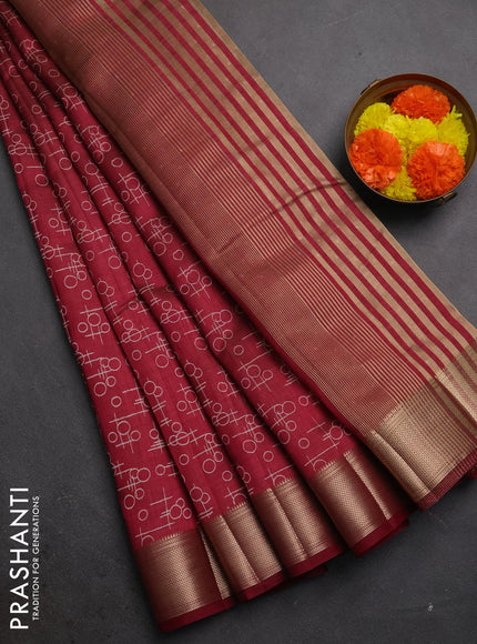 Semi raw silk saree maroon with allover geometric prints and zari woven border