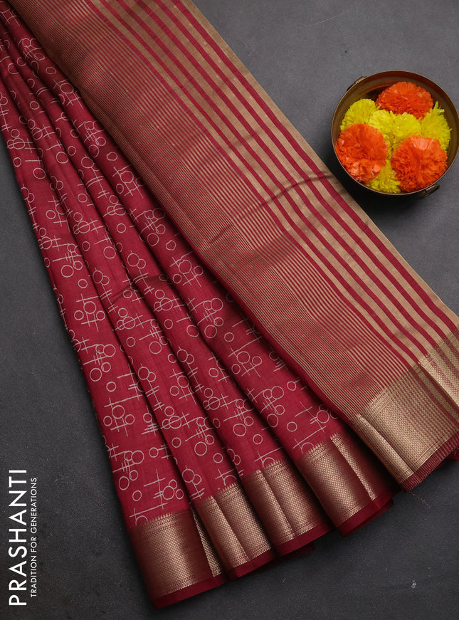 Semi raw silk saree maroon with allover geometric prints and zari woven border