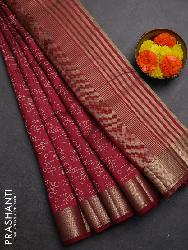 Semi raw silk saree maroon with allover geometric prints and zari woven border