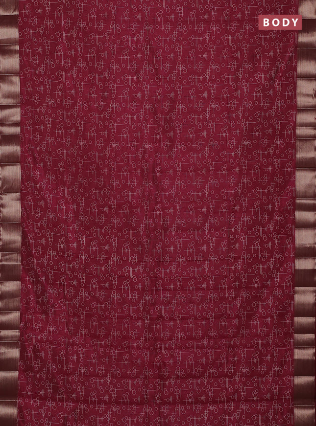 Semi raw silk saree maroon with allover geometric prints and zari woven border
