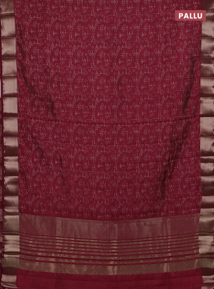 Semi raw silk saree maroon with allover geometric prints and zari woven border