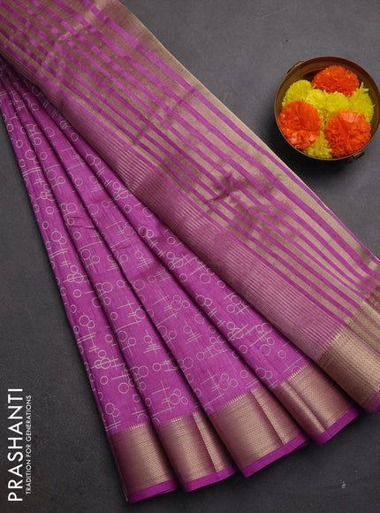 Semi raw silk saree lavender with allover geometric prints and zari woven border