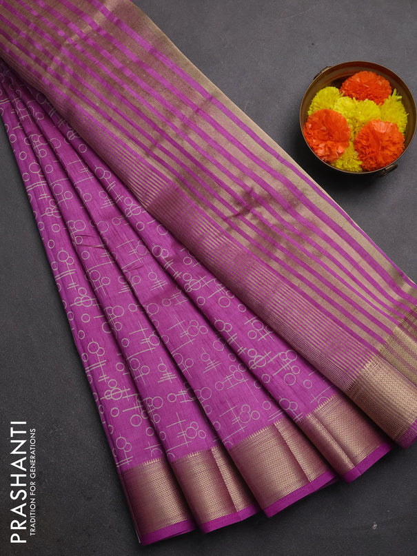 Semi raw silk saree lavender with allover geometric prints and zari woven border