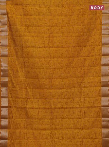 Semi raw silk saree dark mustard shade with allover geometric prints and zari woven border