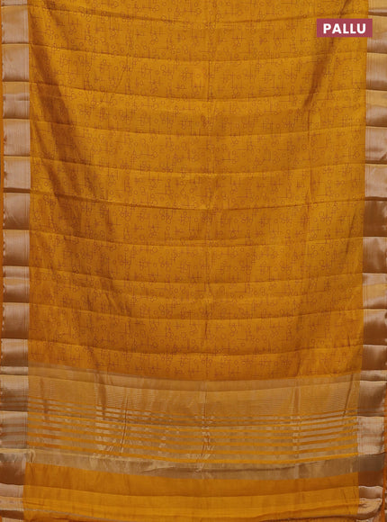 Semi raw silk saree dark mustard shade with allover geometric prints and zari woven border