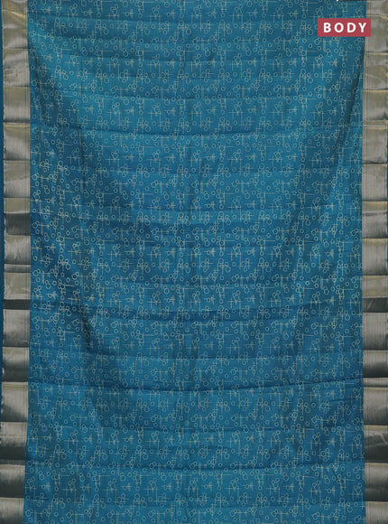 Semi raw silk saree teal blue with allover geometric prints and zari woven border