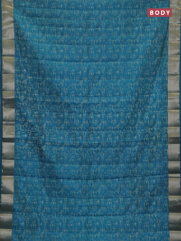 Semi raw silk saree teal blue with allover geometric prints and zari woven border