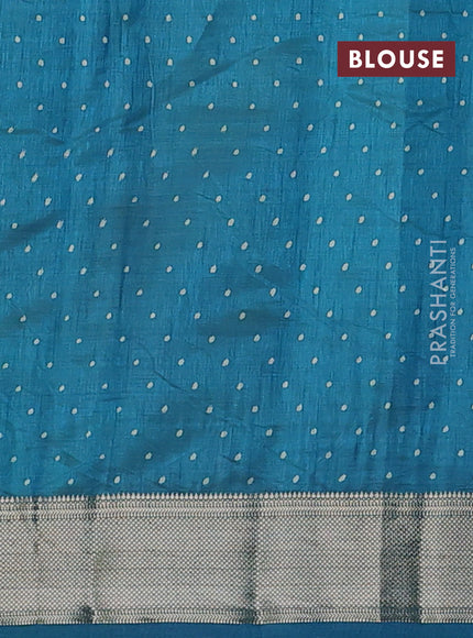 Semi raw silk saree teal blue with allover geometric prints and zari woven border