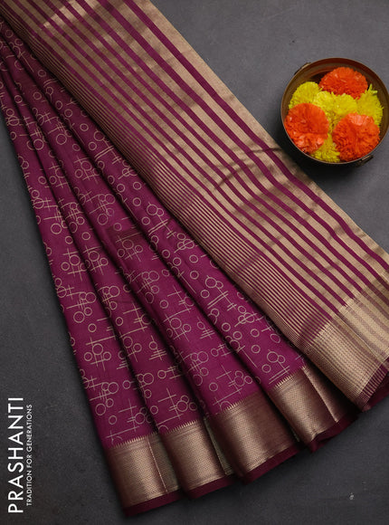 Semi raw silk saree wine shade with allover geometric prints and zari woven border
