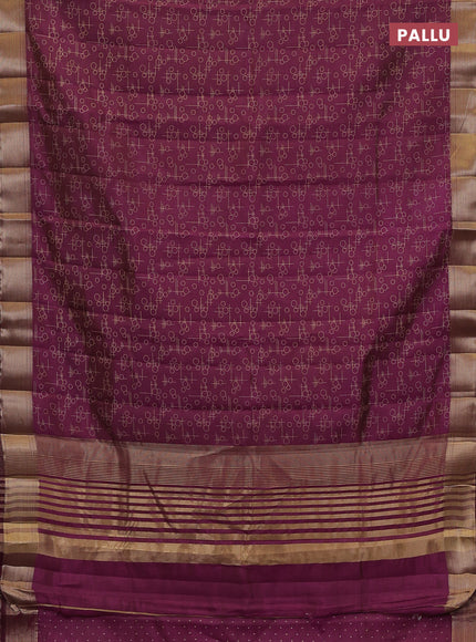 Semi raw silk saree wine shade with allover geometric prints and zari woven border