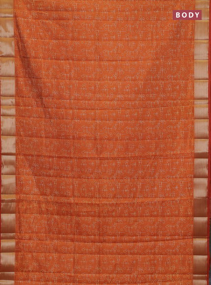 Semi raw silk saree rustic orange with allover geometric prints and zari woven border