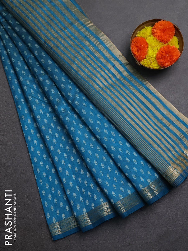 Semi raw silk saree teal blue with allover butta prints and zari woven border