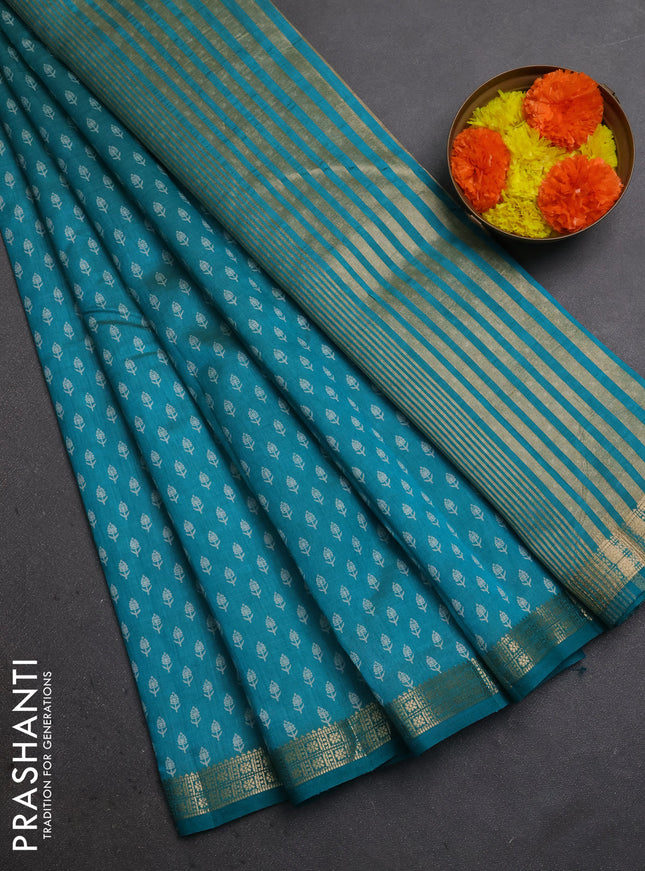 Semi raw silk saree teal green with allover butta prints and zari woven border