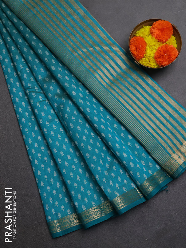 Semi raw silk saree teal green with allover butta prints and zari woven border