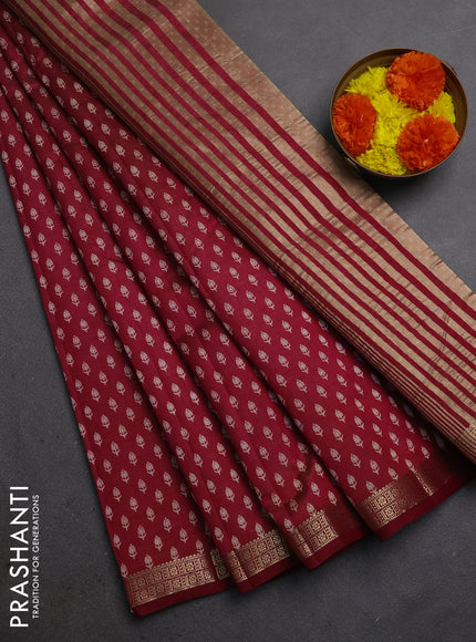 Semi raw silk saree maroon with allover butta prints and zari woven border