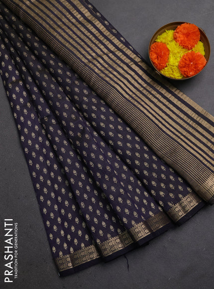 Semi raw silk saree navy blue with allover butta prints and zari woven border