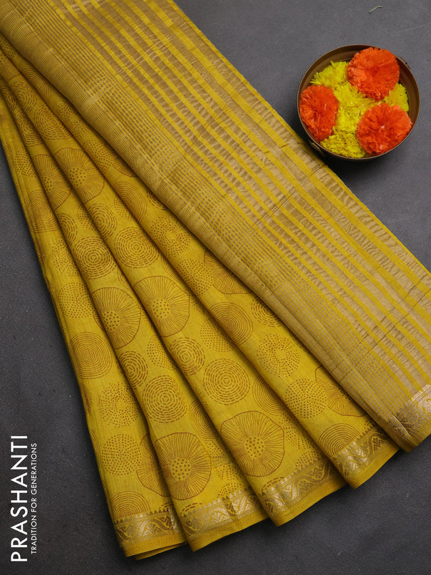 Semi raw silk saree mustard yellow with allover geometric prints and small zari woven border