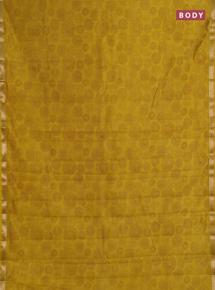 Semi raw silk saree mustard yellow with allover geometric prints and small zari woven border