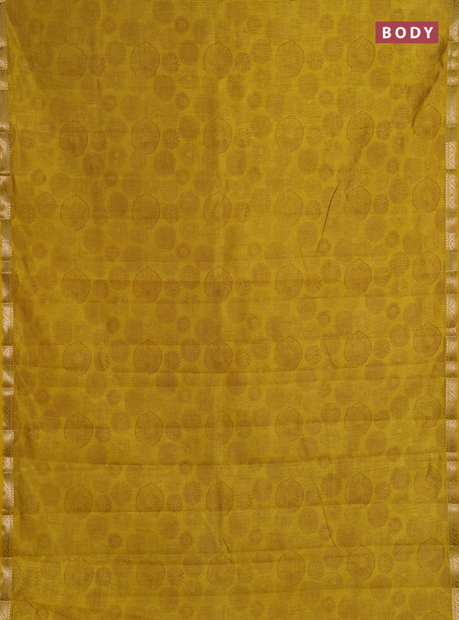 Semi raw silk saree mustard yellow with allover geometric prints and small zari woven border