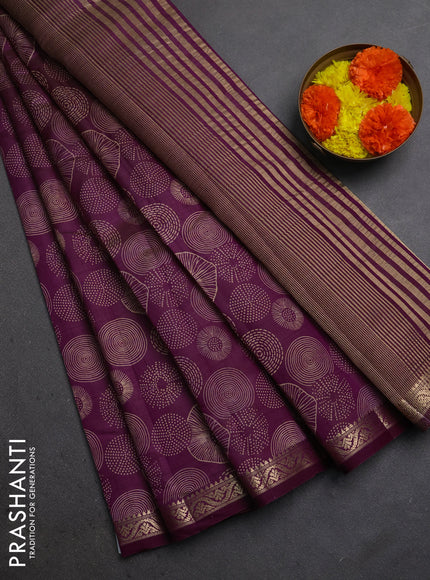 Semi raw silk saree wine shade with allover geometric prints and small zari woven border