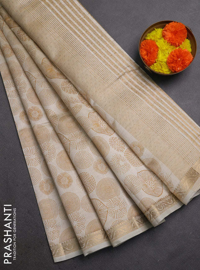 Semi raw silk saree cream with allover geometric prints and small zari woven border