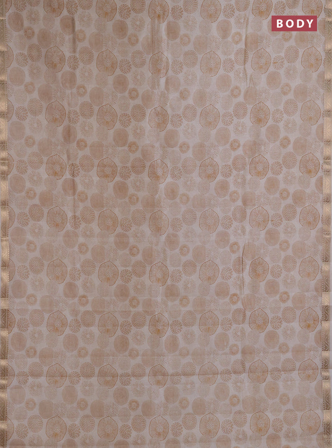 Semi raw silk saree cream with allover geometric prints and small zari woven border
