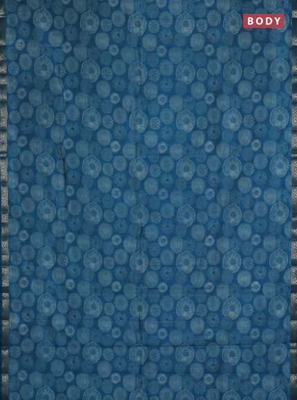 Semi raw silk saree teal blue with allover geometric prints and small zari woven border