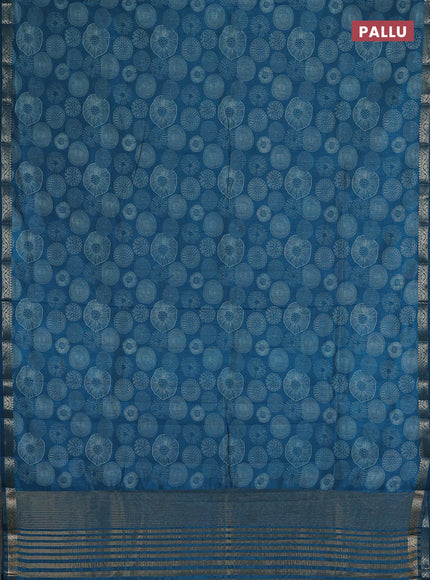 Semi raw silk saree teal blue with allover geometric prints and small zari woven border
