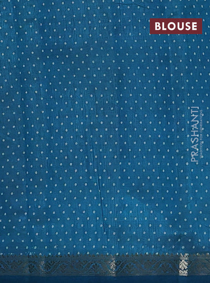Semi raw silk saree teal blue with allover geometric prints and small zari woven border