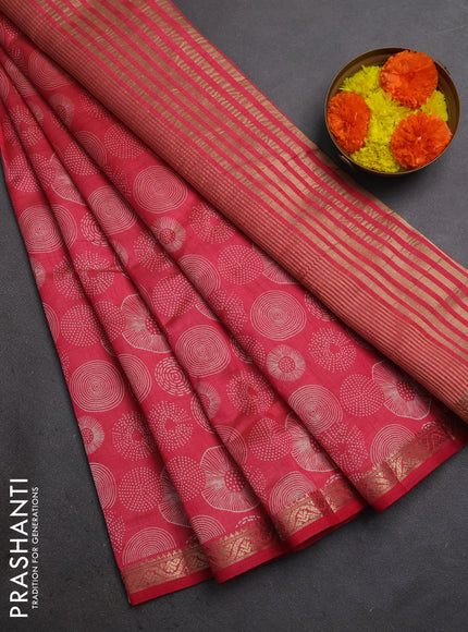 Semi raw silk saree pink shade with allover geometric prints and small zari woven border
