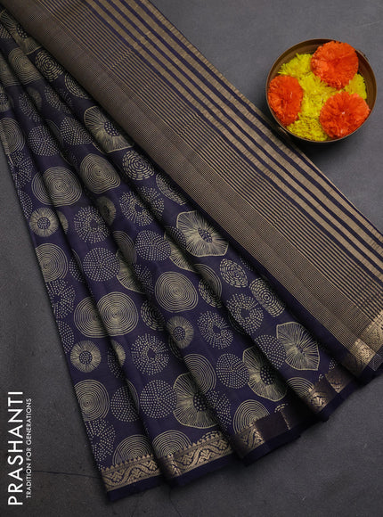 Semi raw silk saree navy blue with allover geometric prints and small zari woven border