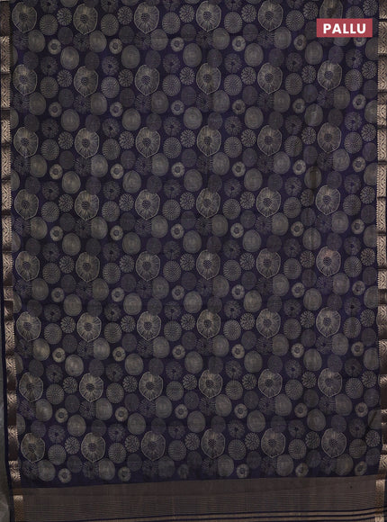 Semi raw silk saree navy blue with allover geometric prints and small zari woven border