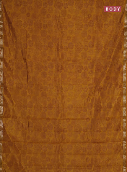 Semi raw silk saree dark mustard with allover geometric prints and small zari woven border