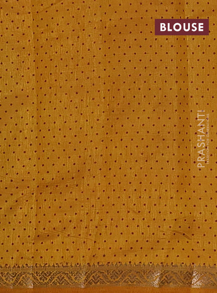 Semi raw silk saree dark mustard with allover geometric prints and small zari woven border