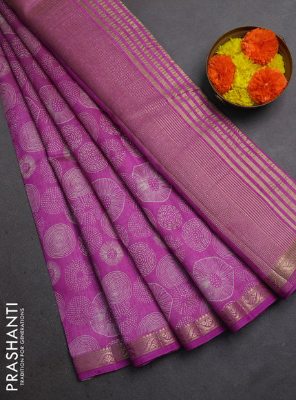 Semi raw silk saree lavender with allover geometric prints and small zari woven border